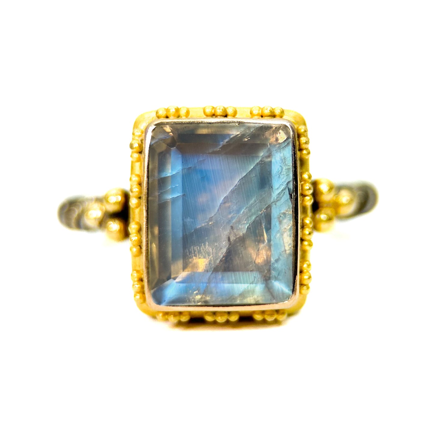"Oslo Sparkler" Ring (Rainbow Moonstone, 22k Gold, Oxidized Sterling Silver)
