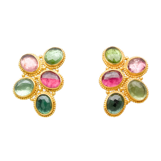 "Provence" Button Earrings (Pink and Green Tourmaline, 22k Gold)