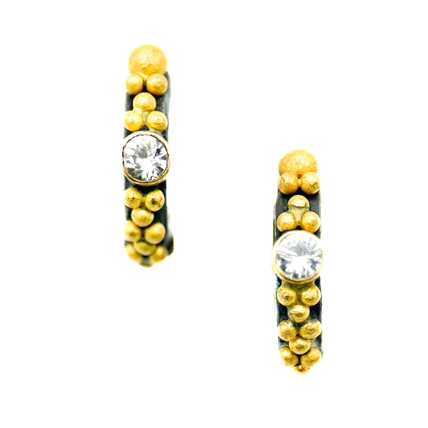 "Gothic Angela" Huggie Hoops (White Sapphire, 22k, 18k Gold, Oxidized Sterling Silver)