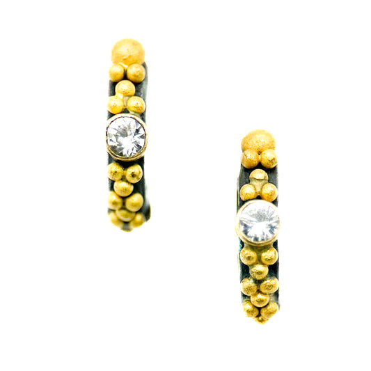 "Gothic Angela" Huggie Hoops (White Sapphire, 22k, 18k Gold, Oxidized Sterling Silver)