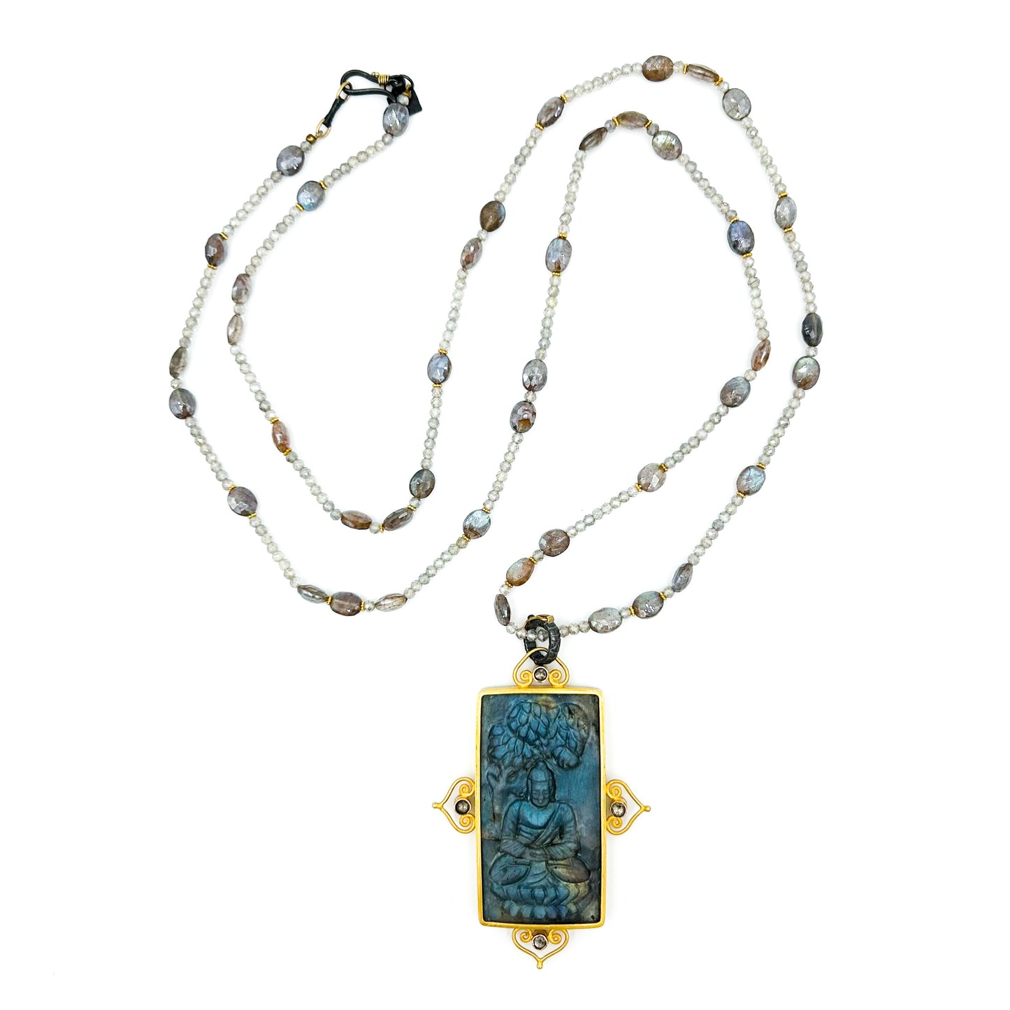"Bodhi Buddha" Pendant (Labradorite, Diamond, 22k, 18k Gold, Sterling Silver)