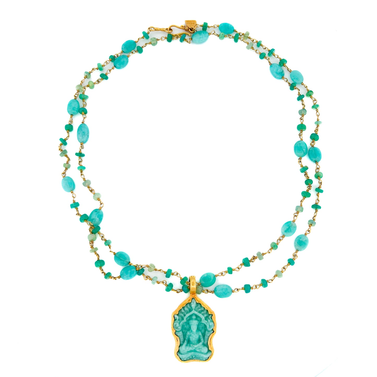"Buddha Shrine" Pendant (Hand-carved Amazonite, 22k, 18k Gold)