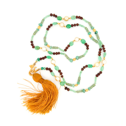 "Kerala" Necklace (Rudraksha Seeds, Chrysoprase, Pearl, Emerald, 22k Gold, Silk)