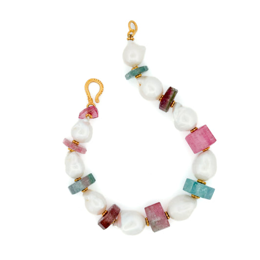 "Watermelon Lola" Bracelet (Watermelon Tourmaline, Pearl, 18K Gold)