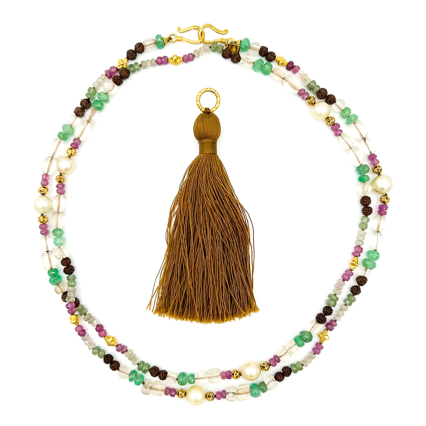 "Kerala" Tassel Mala-style Necklace (Emerald, Chrysoprase, Ruby, Crystal, Rudraksha Seeds, Silk, 22k, 18k Gold)