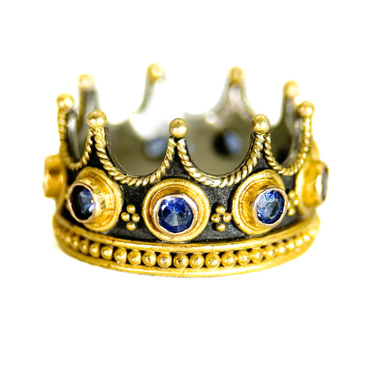 "Gothic Crown Princess" Ring (Blue Sapphire, 22k, 18k Gold, Oxidized Sterling Silver)
