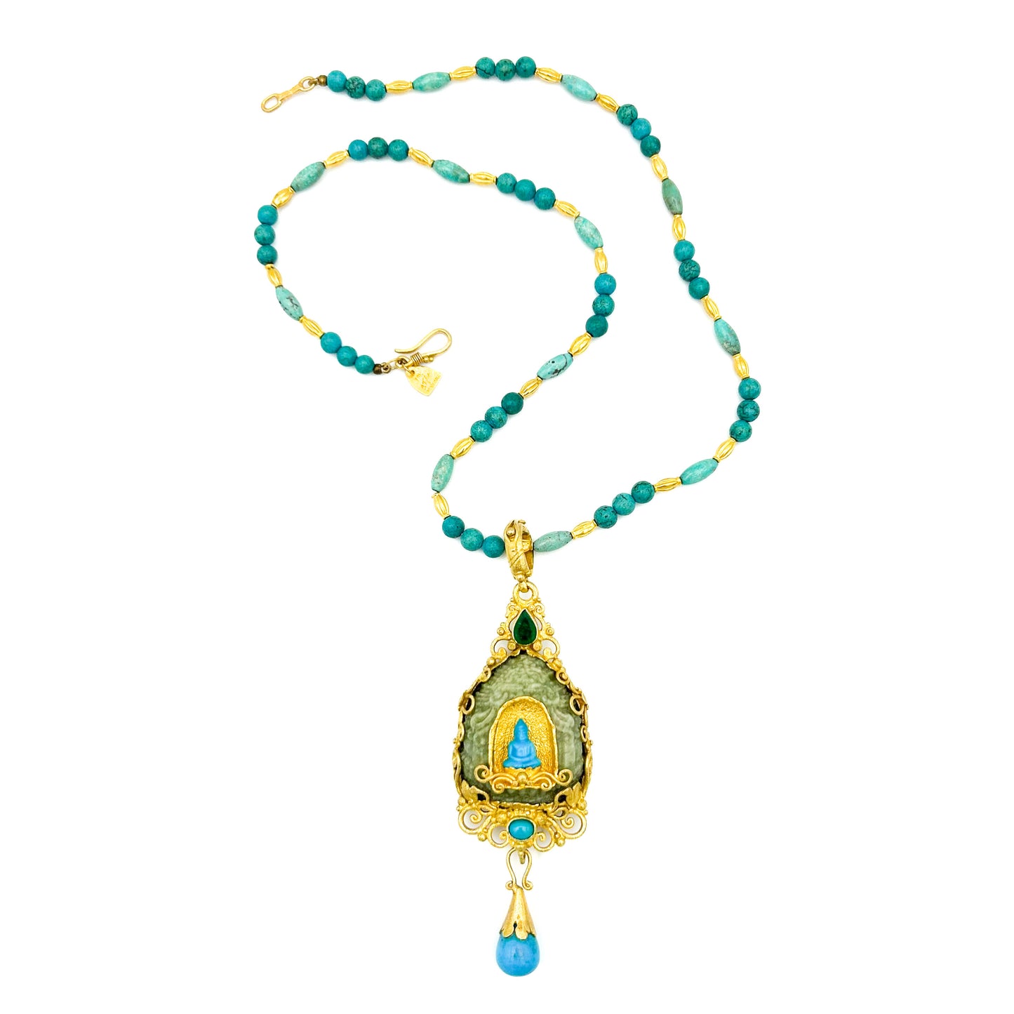"Candi Shrine" Pendant (Hand-Carved Emerald, Turquoise, 22km, 18k Gold)