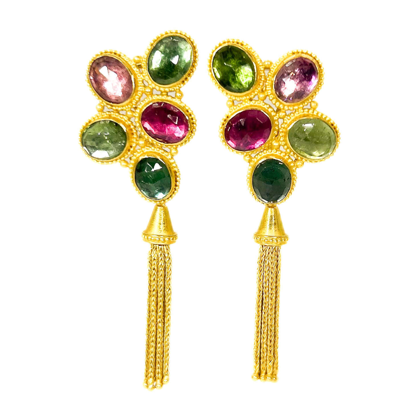 "Provence" Button Earrings (Pink and Green Tourmaline, 22k Gold)