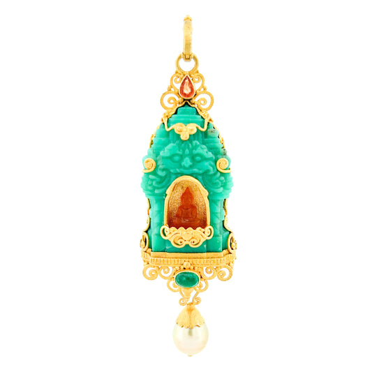 "Candi Shrine Buddha" (Chrysoprase, Carnelian Agate, Sapphire, Emerald, Pearl, 22k, silver)