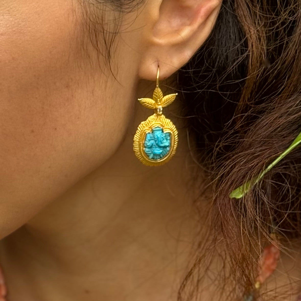"Etched Flame" Drops for Hook Earrings (Sleeping Beauty Turquoise, 22k, 18k Gold)