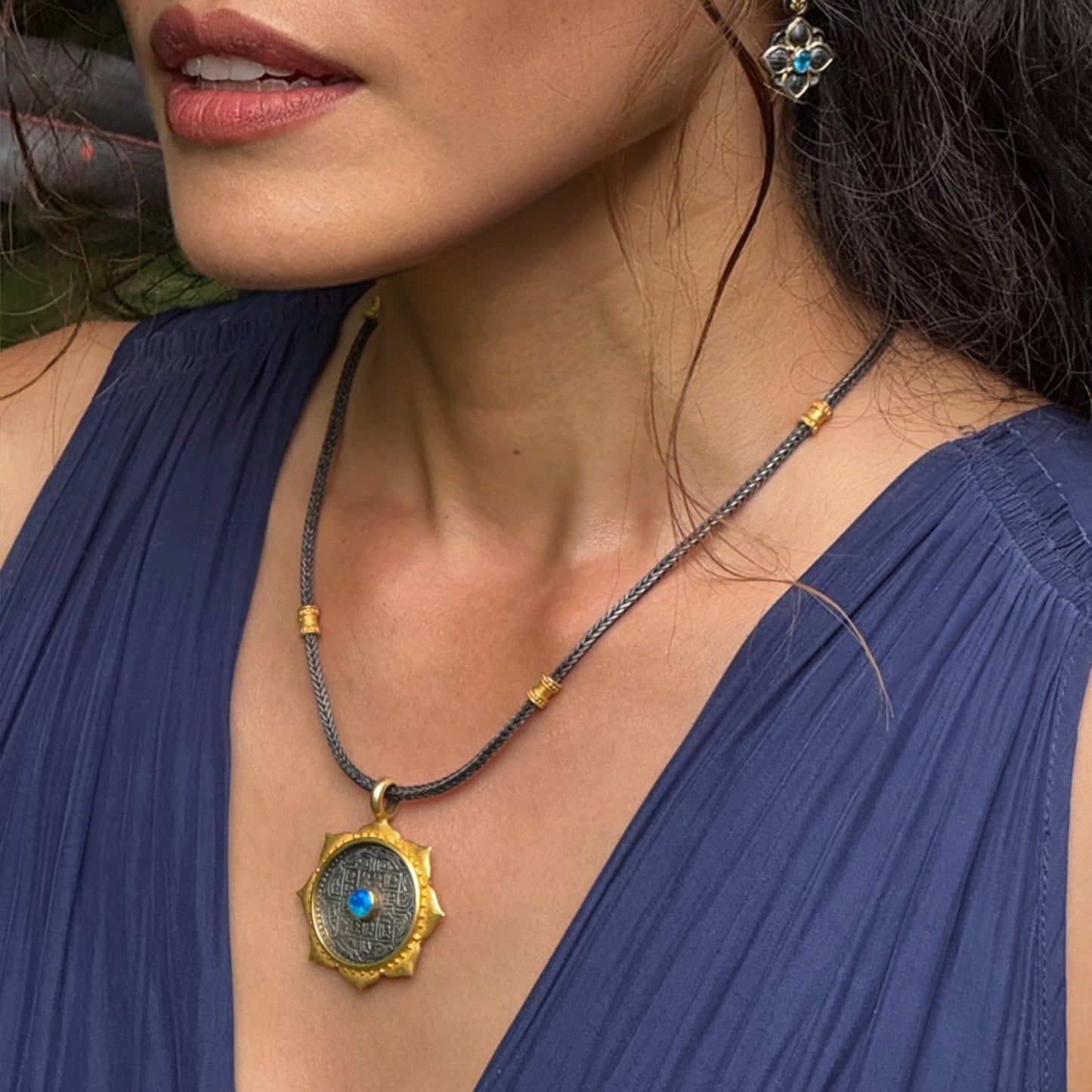 "Lotus Talisman" Pendant (22k Gold, Oxidized Sterling Silver, Australian Opal)