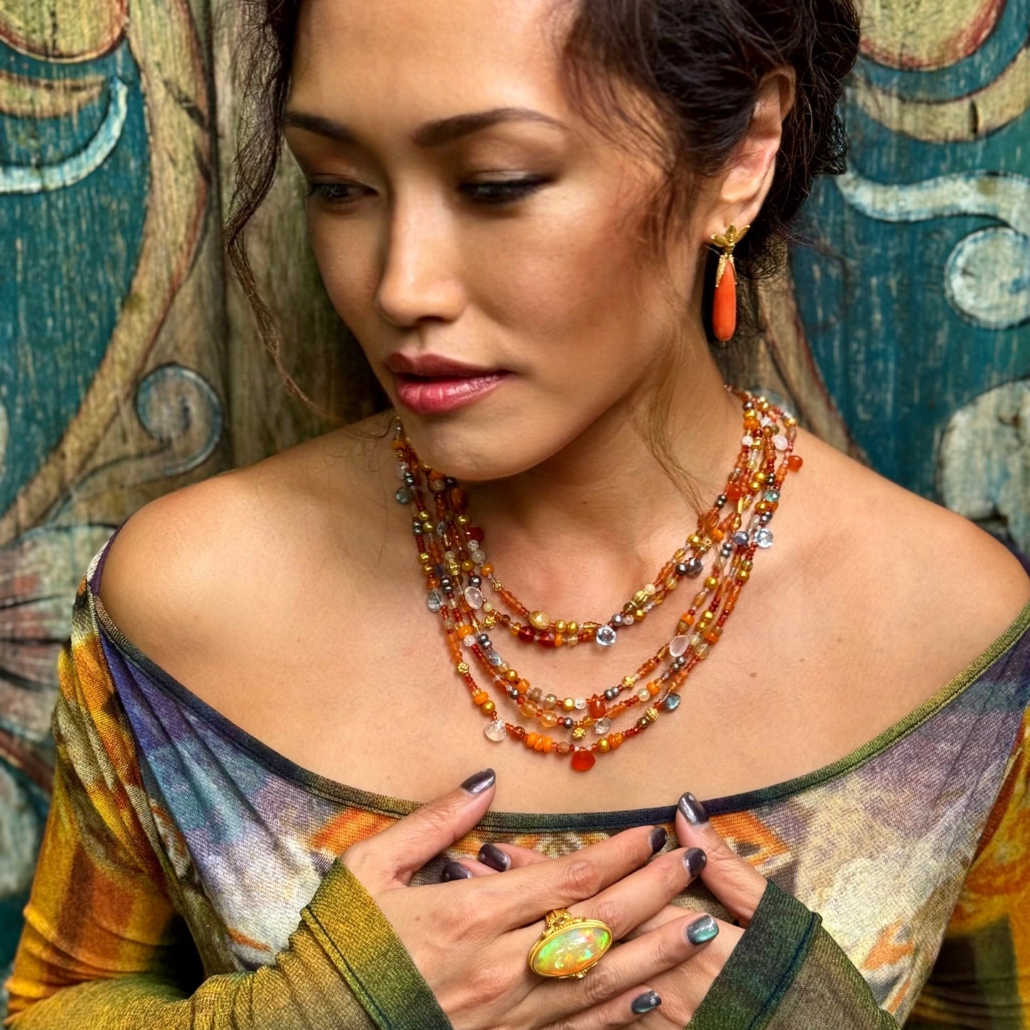 "Autumn Lana Charm" Necklace (Mixed Gemstone Beads, 22k, 18k Gold) SOLD