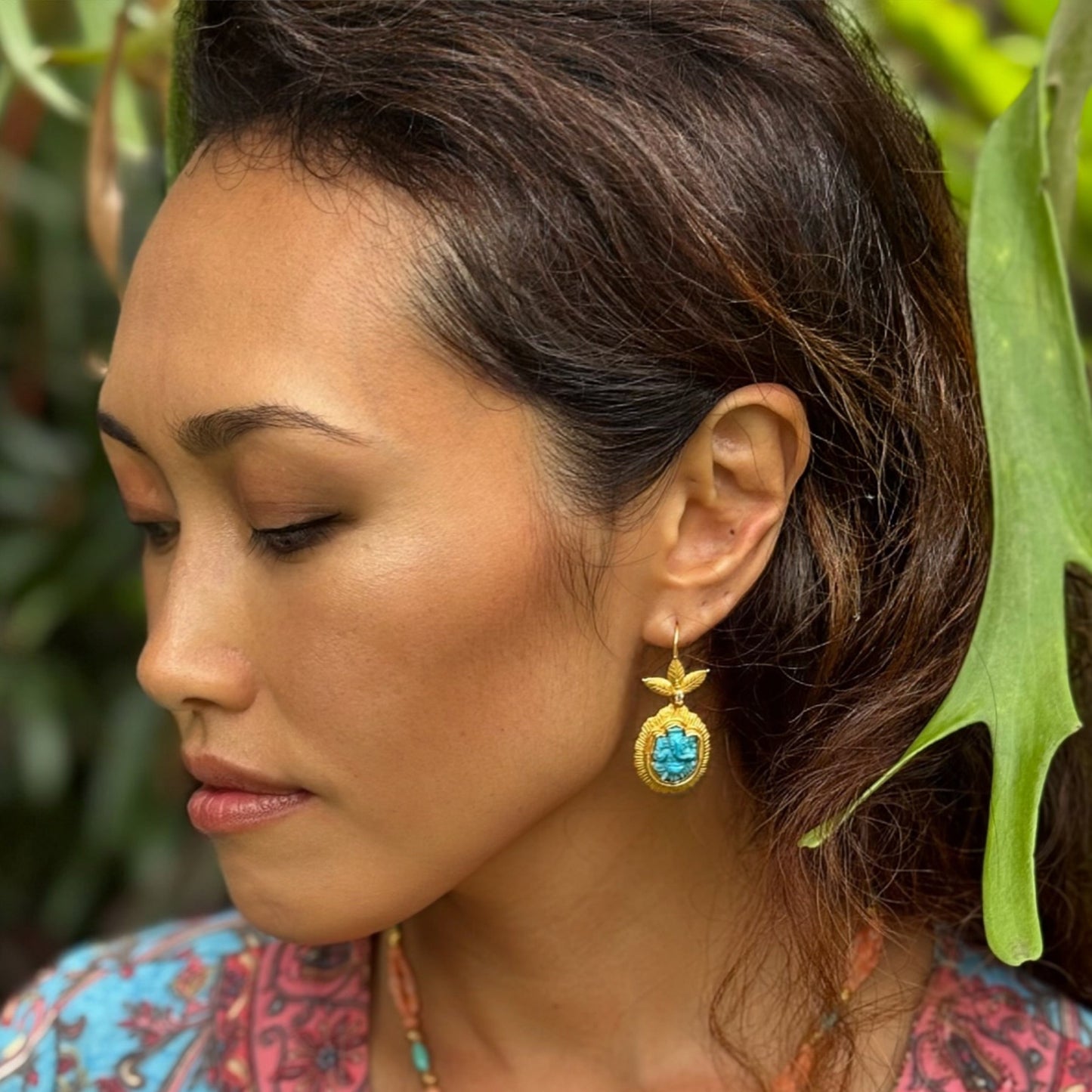 "Etched Flame" Drops for Hook Earrings (Sleeping Beauty Turquoise, 22k, 18k Gold)