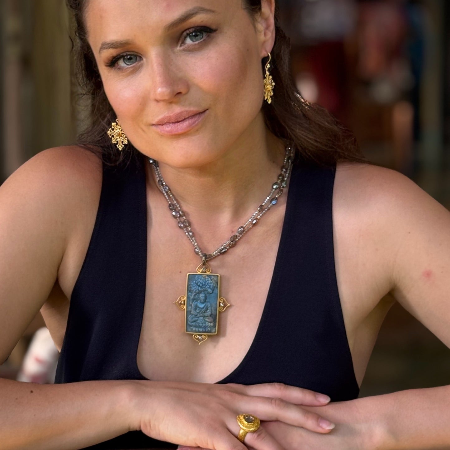 "Bodhi Buddha" Pendant (Labradorite, Diamond, 22k, 18k Gold, Sterling Silver)