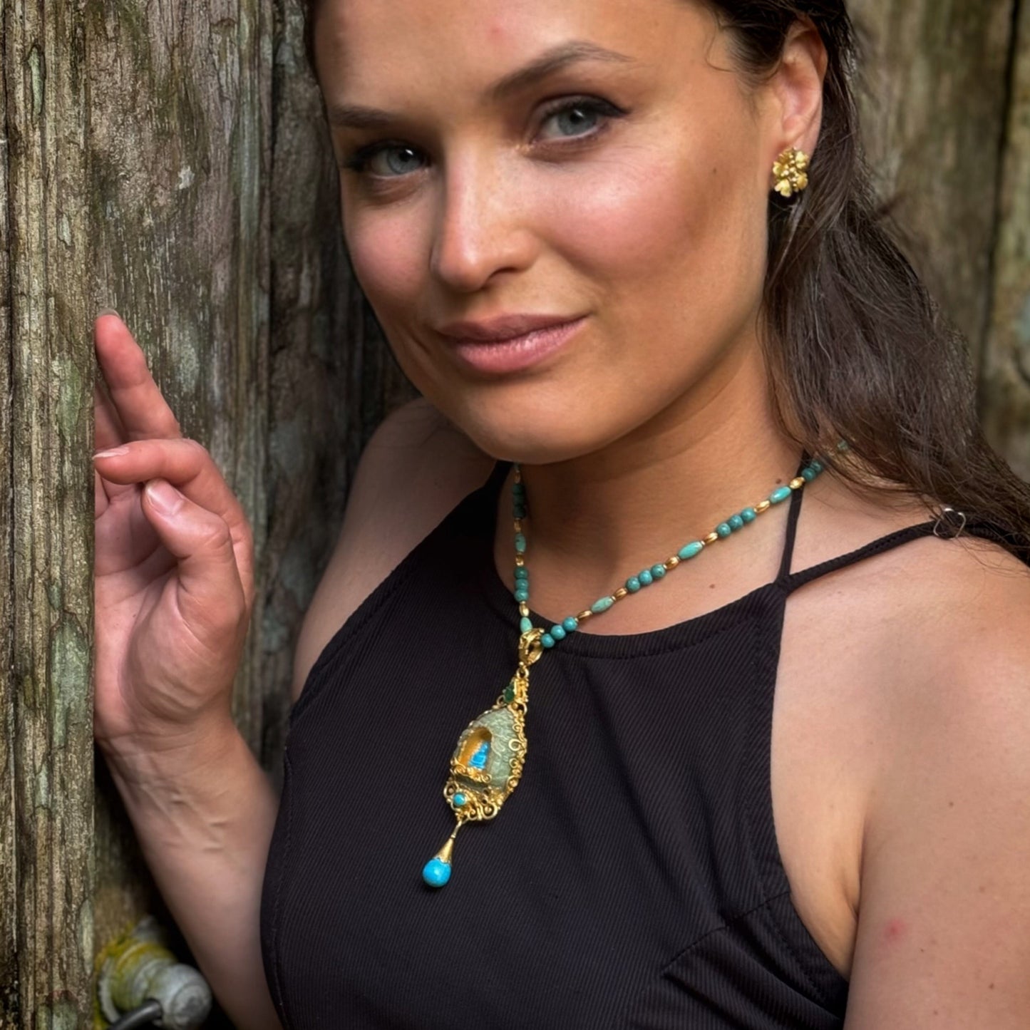 "Candi Shrine" Pendant (Hand-Carved Emerald, Turquoise, 22km, 18k Gold)