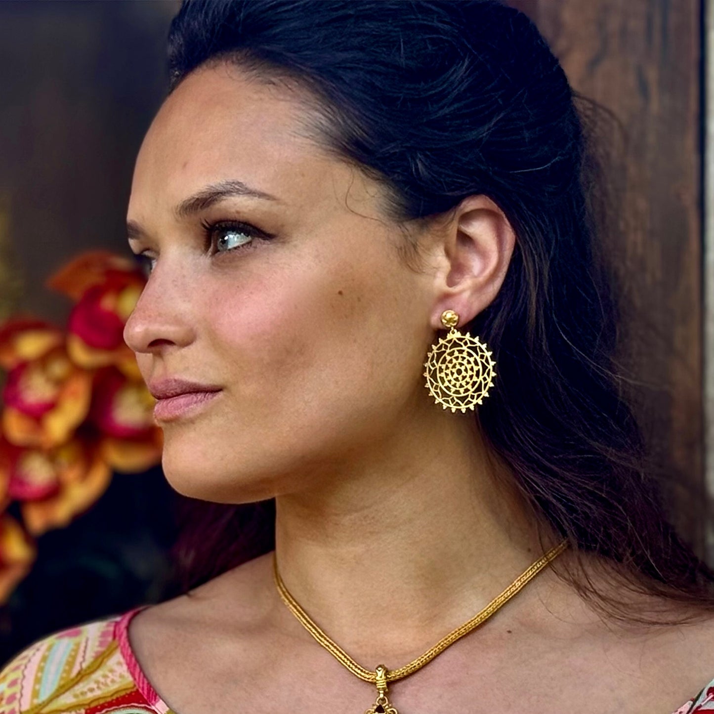 "Mandala" Dangle Hook Earrings (18k Gold)