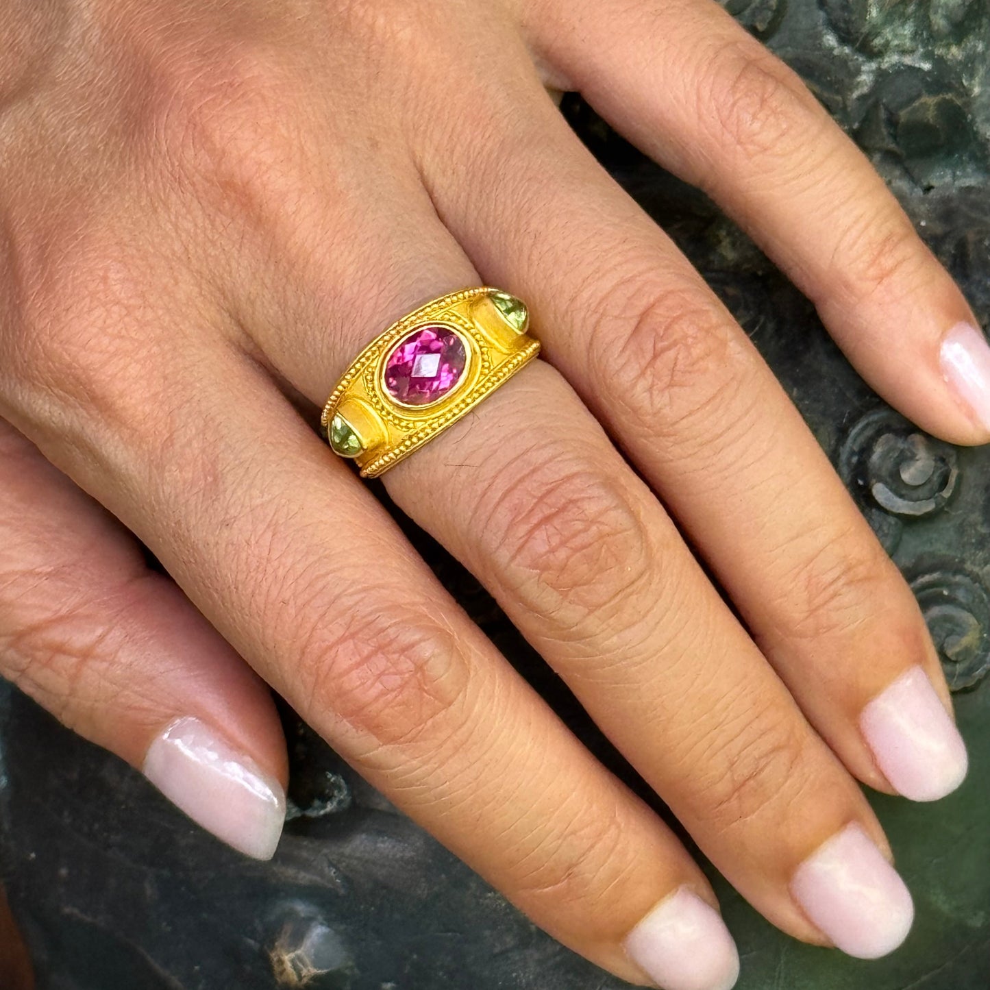 "Herculaneum" Band Ring (Peridot, Rubellite Tourmaline, 22k Gold)