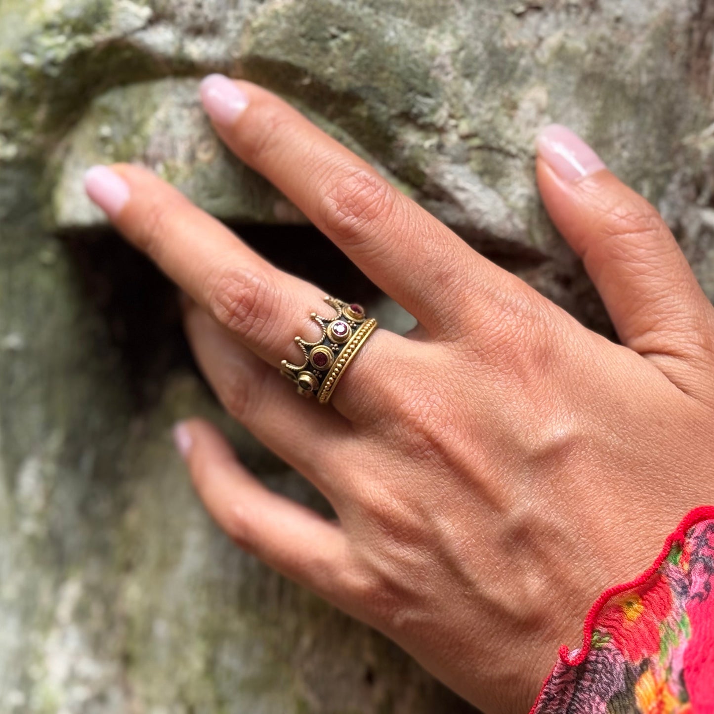 "Gothic Crown Princess" Ring (White Sapphire, 22k, 18k Gold, Oxidized Sterling Silver)