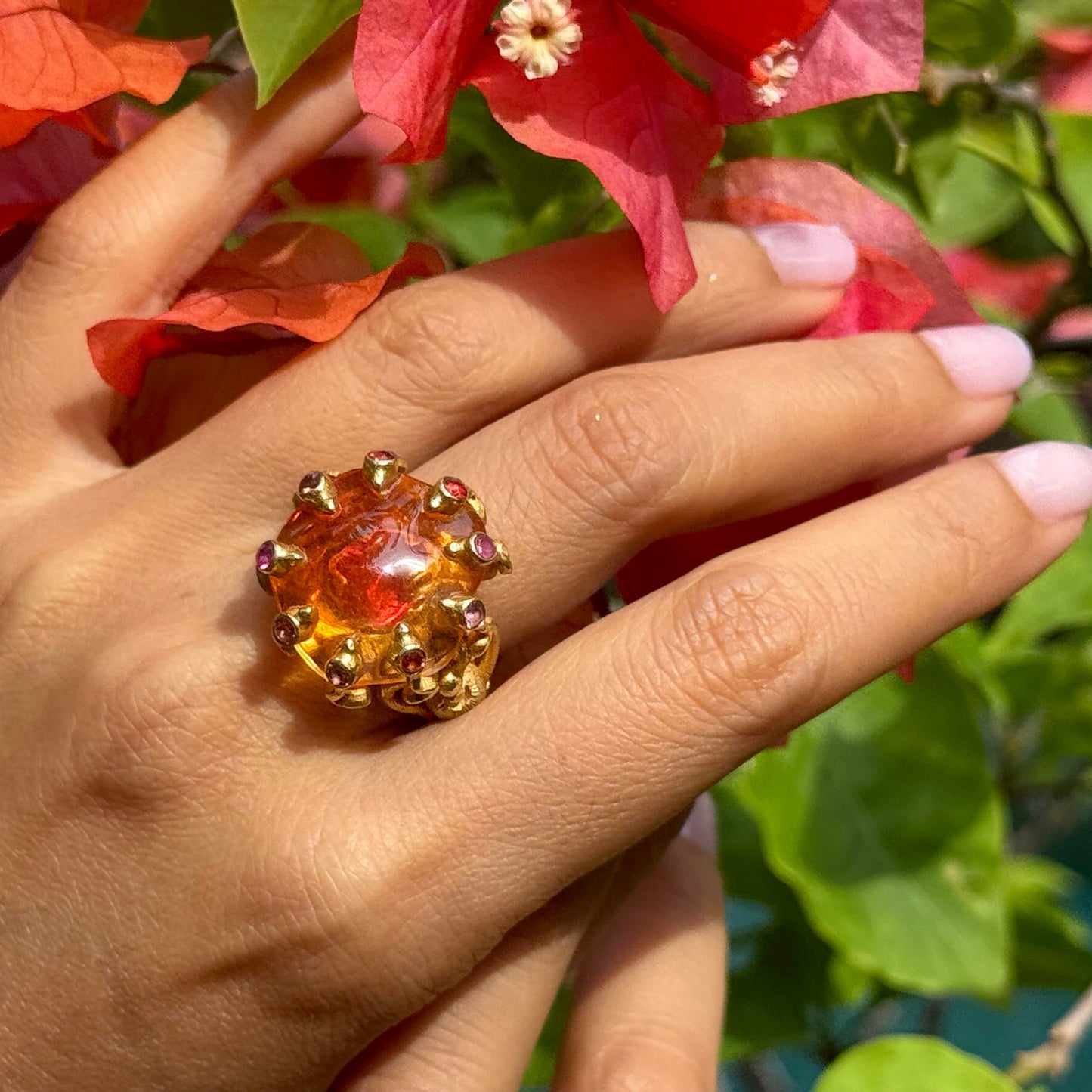 "Fiery Octopus" (Mexican Fire Opal, Pink & Orange Sapphire, 22k Gold)