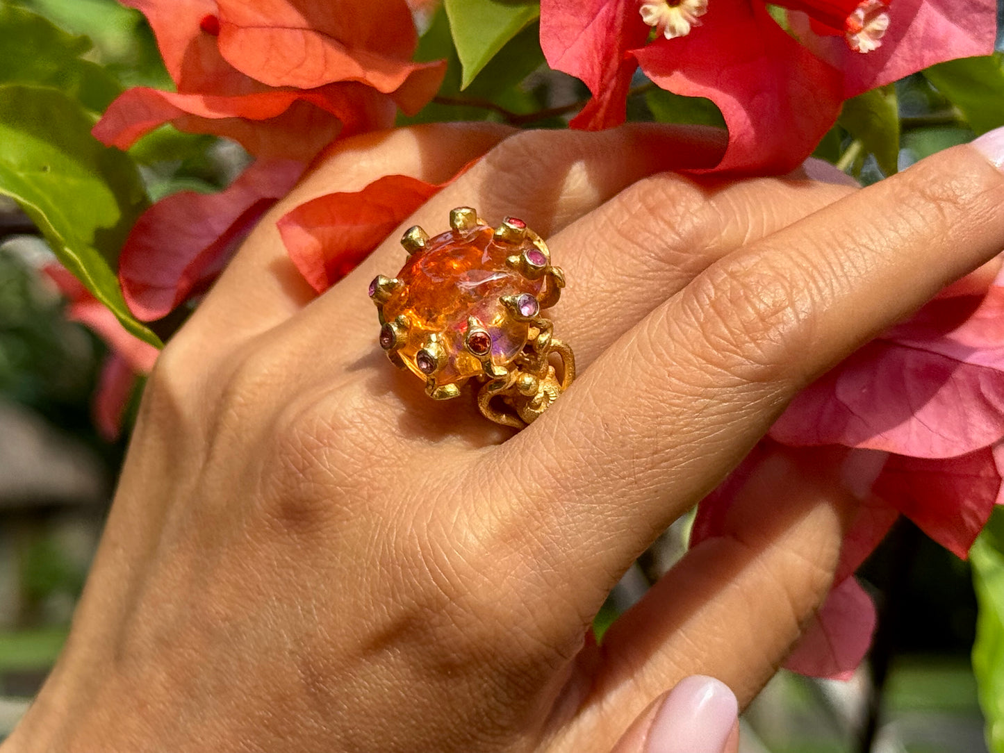 "Fiery Octopus" (Mexican Fire Opal, Pink & Orange Sapphire, 22k Gold)