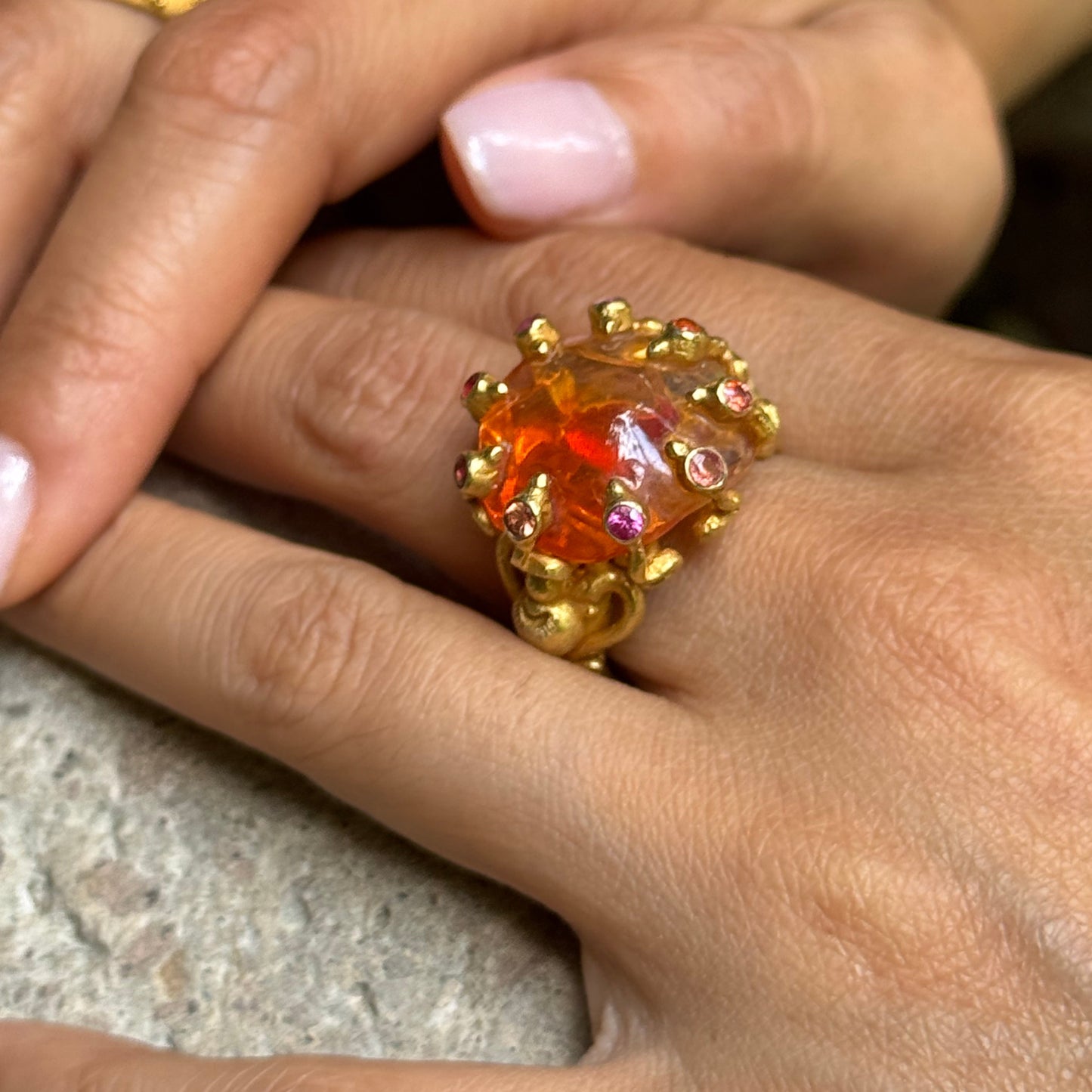 "Fiery Octopus" (Mexican Fire Opal, Pink & Orange Sapphire, 22k Gold)
