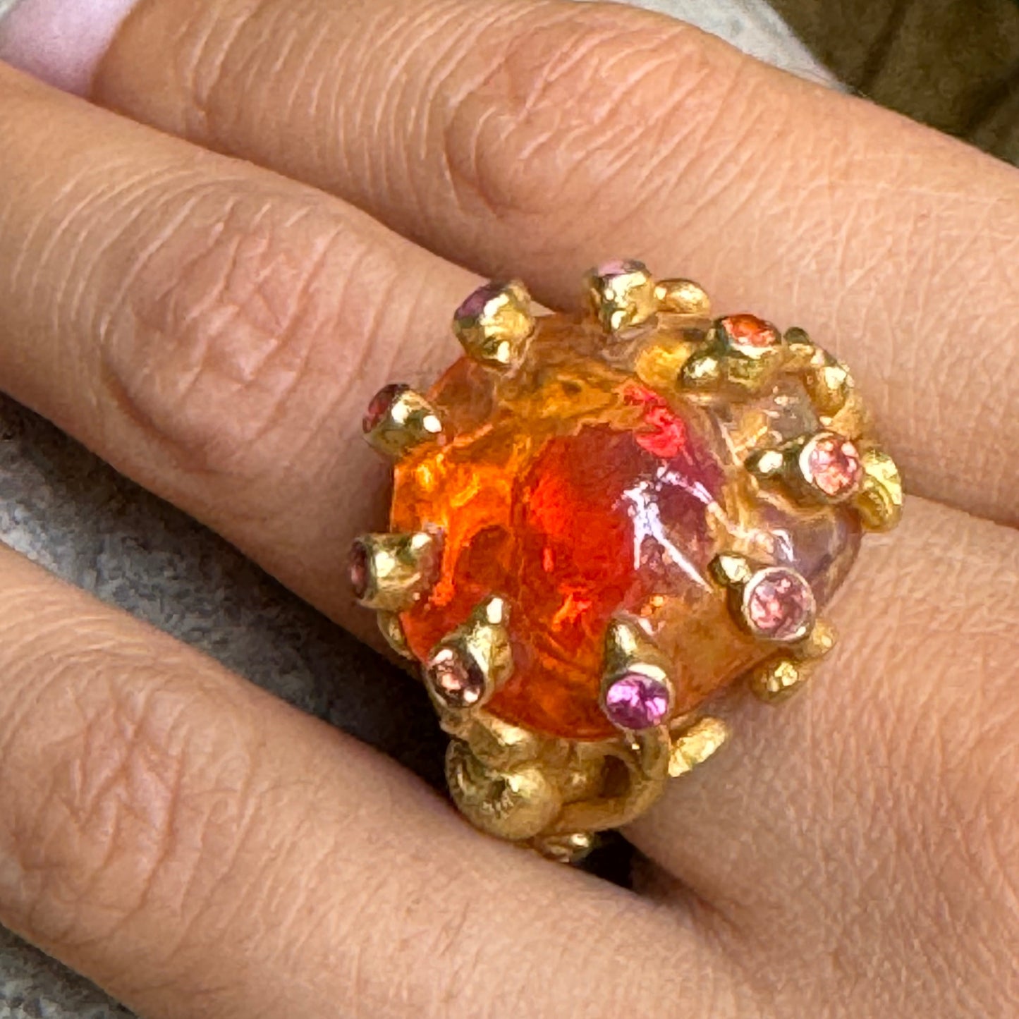 "Fiery Octopus" (Mexican Fire Opal, Pink & Orange Sapphire, 22k Gold)
