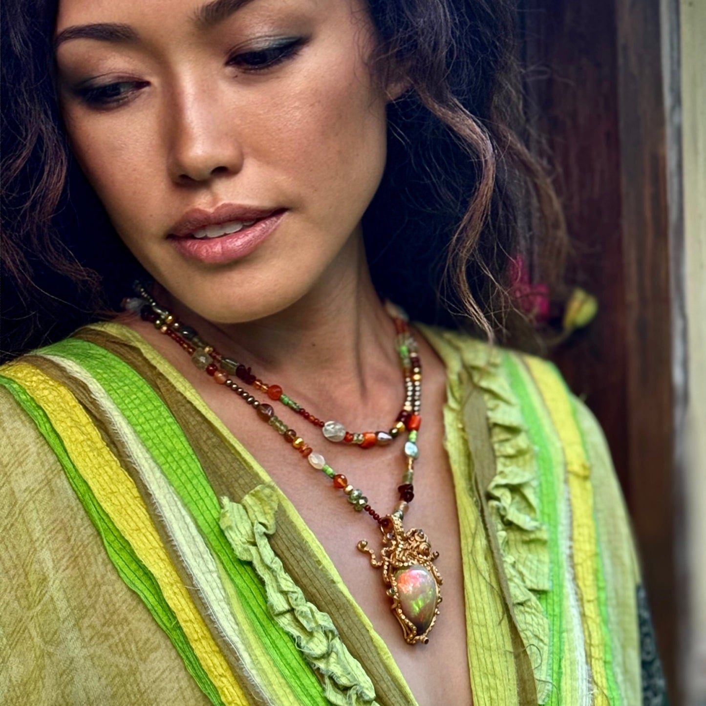 "Spring Woodstock" Necklace/Bracelet (Mixed Gemstone Beads, 22k, 18k Gold)