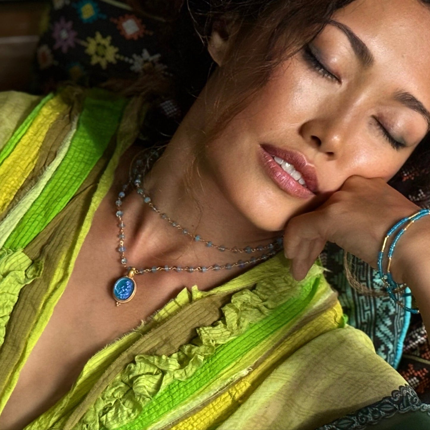 "Winona" Necklace (Blue Ethiopian Opal Beads, 18k Gold)