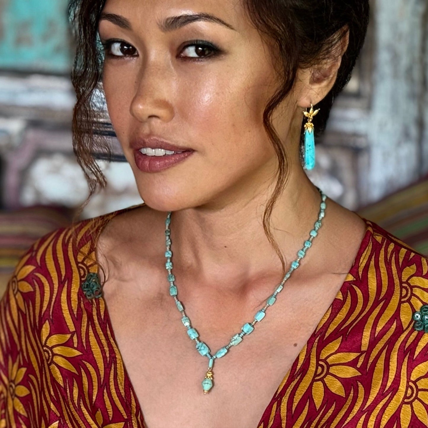 "Lola Khmer" Necklace (Turquoise, 22k, 18k Gold)