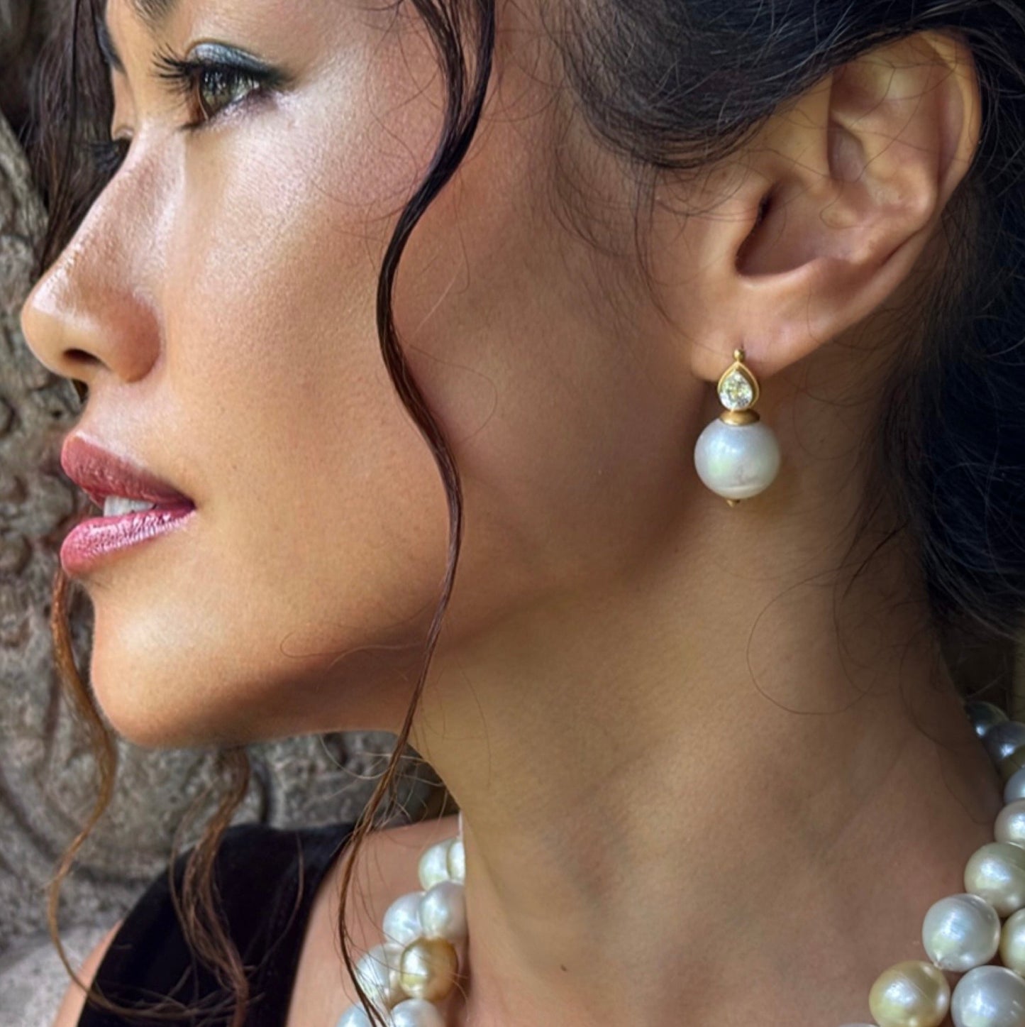 "Katie" Hook Earrings (South Sea Pearl, White Zircon, 22k, 18k Gold)