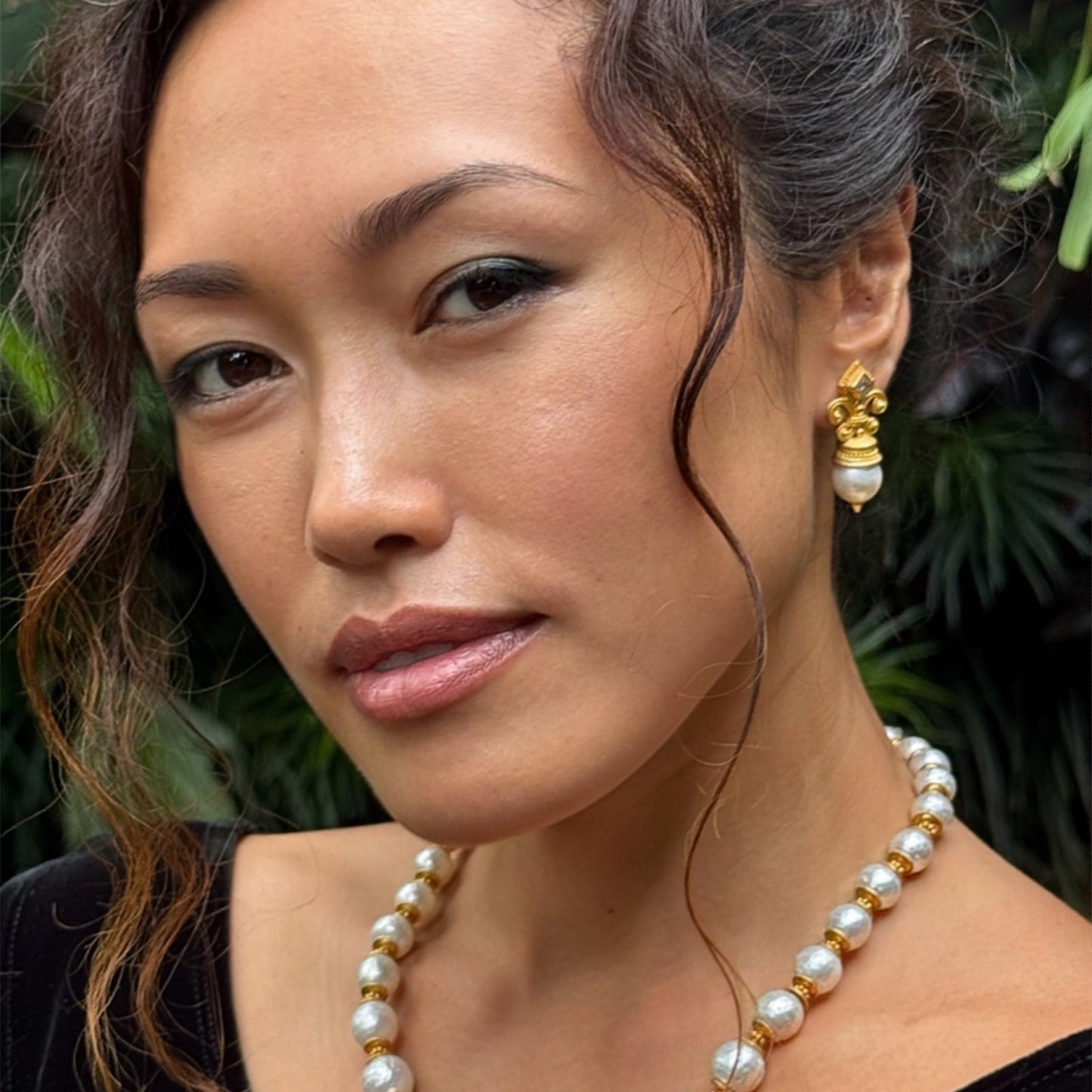 "Fleur de Lys" Earrings (White Zircon, Golden Freshwater Pearls, 22k, 18k Gold)