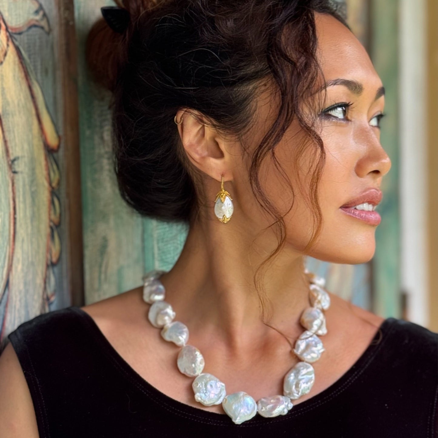"Four Leaf" Hook Earrings (Pistachio Freshwater Pearl, 22k, 18k Gold)
