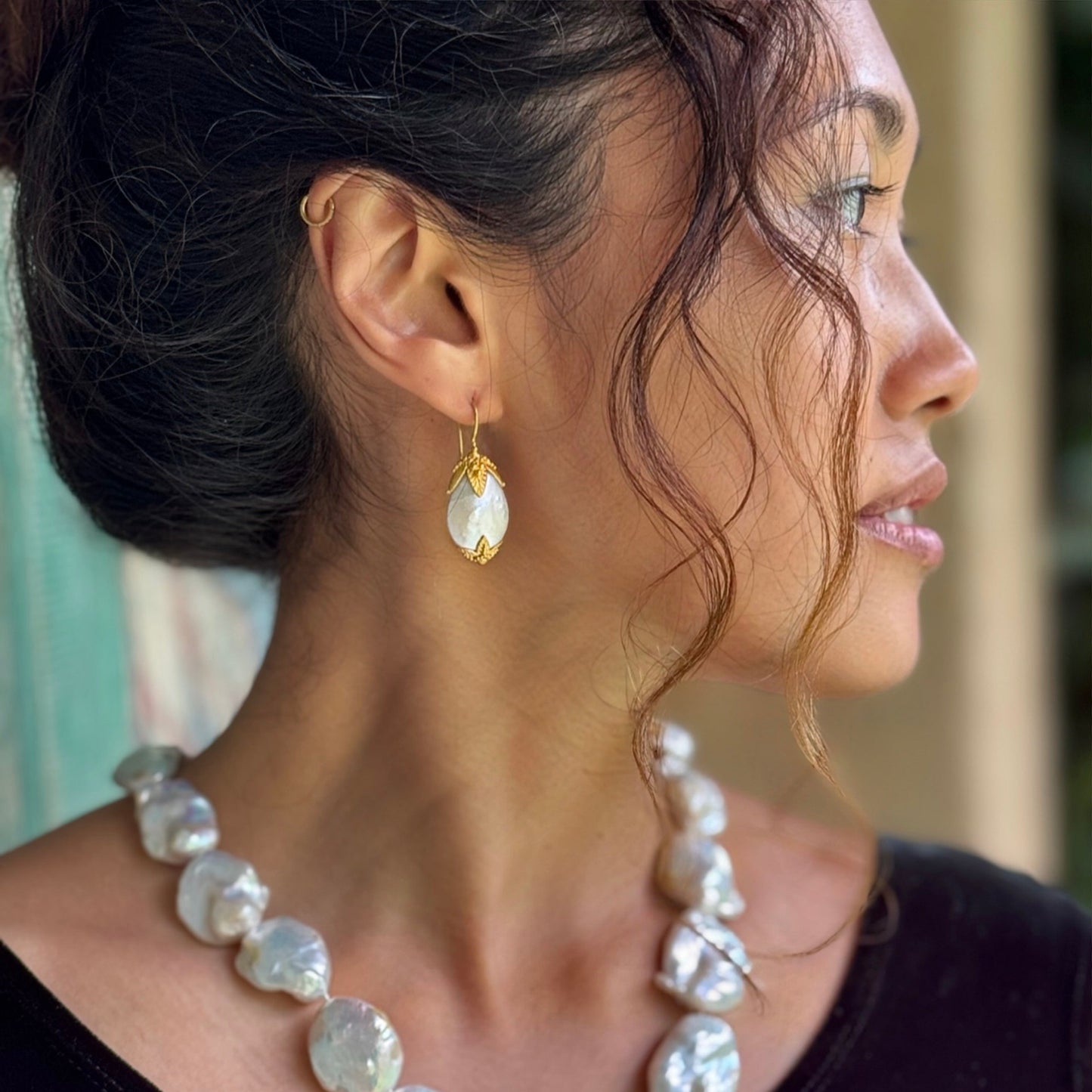 "Sri Lanka" Hook Earrings (White Freshwater Pearl, 22k, 18k Gold)