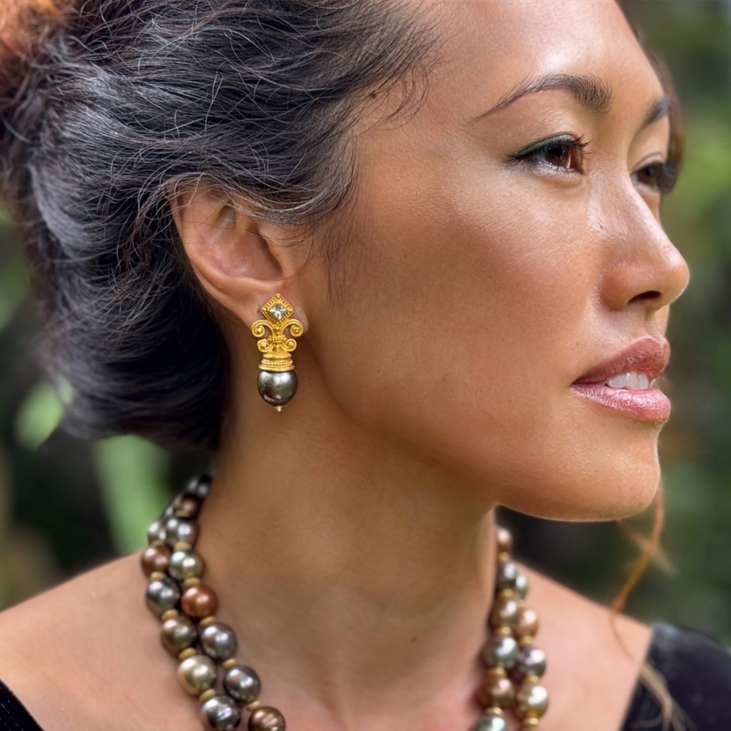 "Fleur de Lys" Earrings (White Zircon, Golden Freshwater Pearls, 22k, 18k Gold)