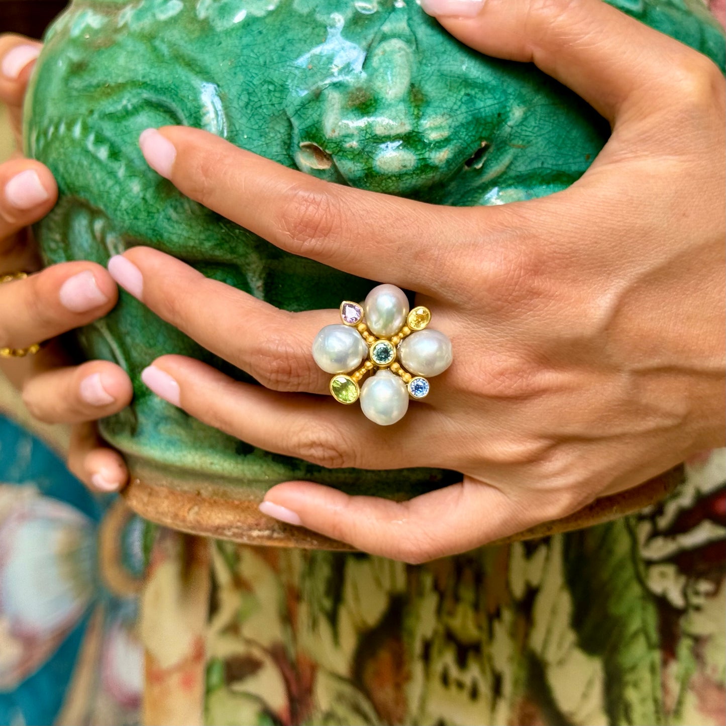 "Queen of the South Seas" Ring (Keshi Pearl, Sapphire, 22k, 18k Gold, Sterling Silver)