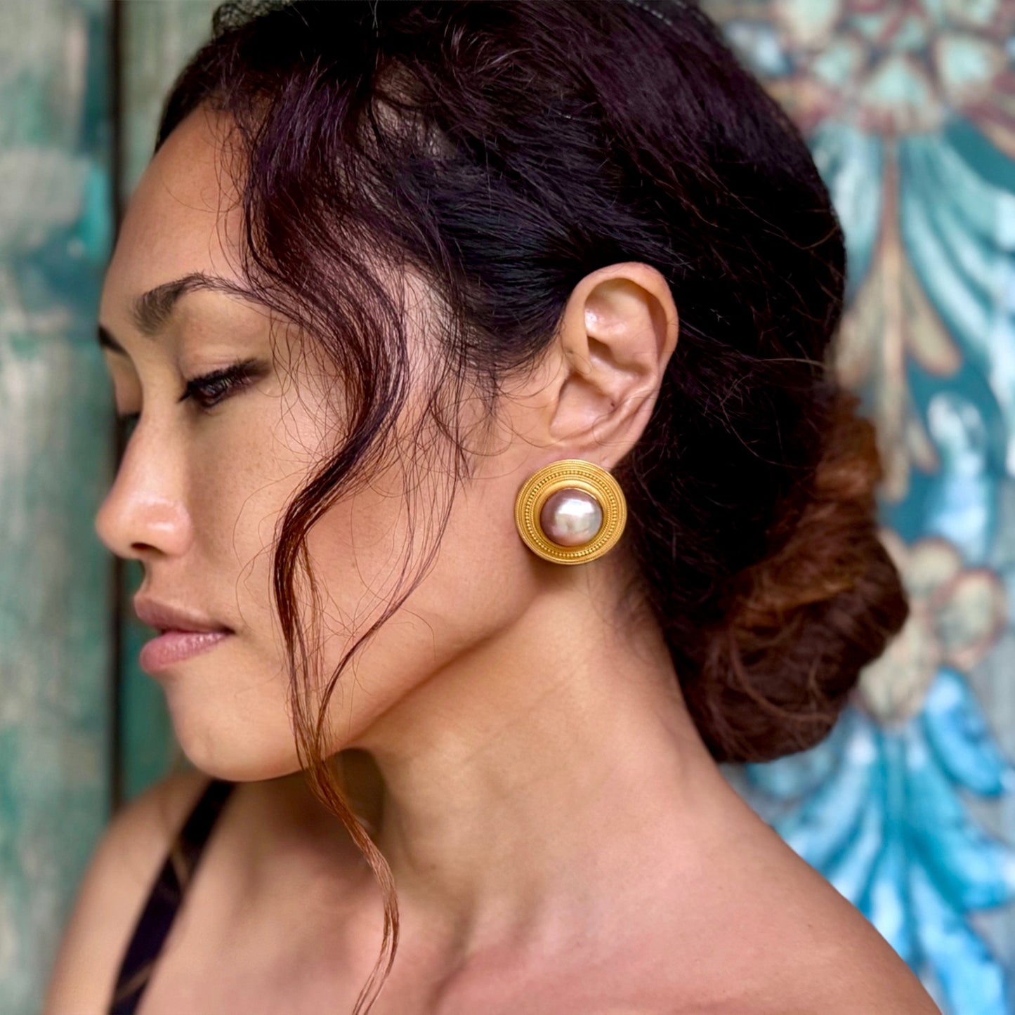 "Gabriella" Button Earrings (Mabe Pearl, 22k, 18k Gold)