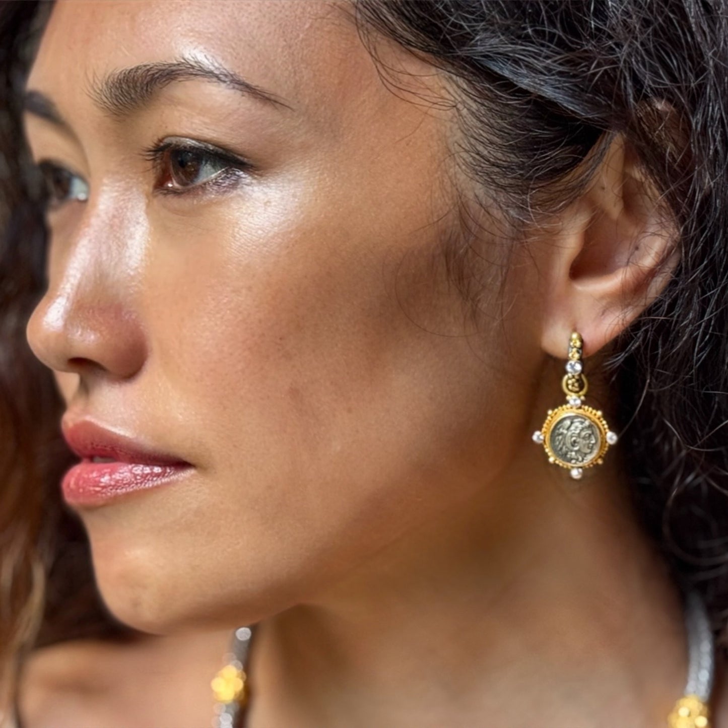 "Gothic Angela" Huggie Hoops (White Sapphire, 22k, 18k Gold, Oxidized Sterling Silver)