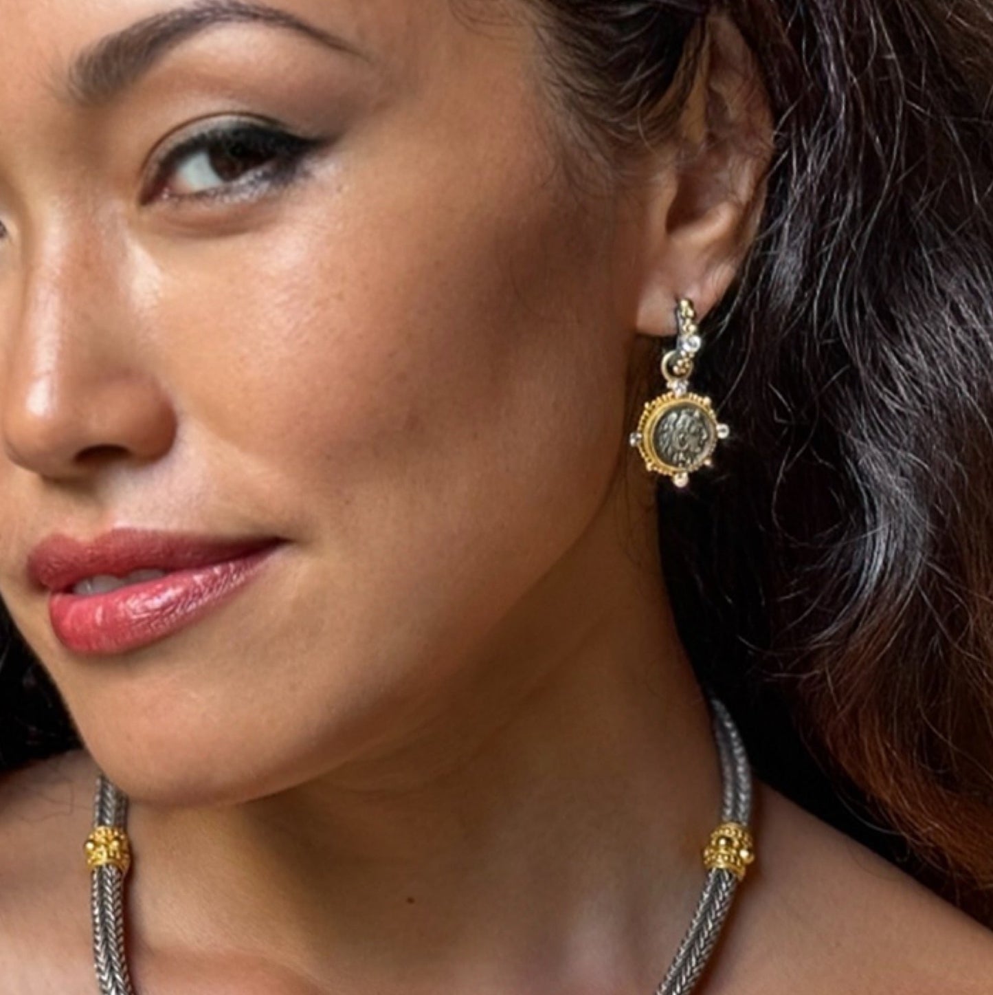 "Sardinia" Drops for Hoop Earrings (Roman Coins, White Sapphire, 22k Gold)