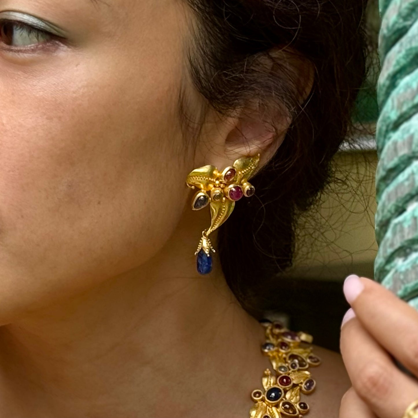 "Ophelia" Dangle Earrings (African Sapphire, 18k, 22k Gold)