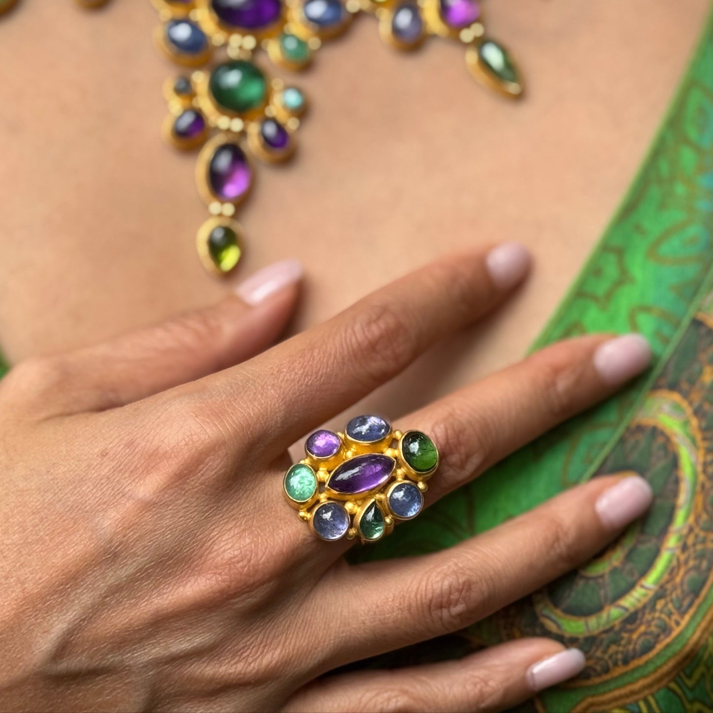 "Carnivale" Ring (Emerald, Tourmaline, Amethyst, Tanzanite, 22k Gold)