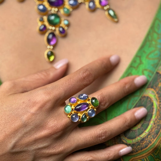 "Carnivale" Ring (Emerald, Tourmaline, Amethyst, Tanzanite, 22k Gold)