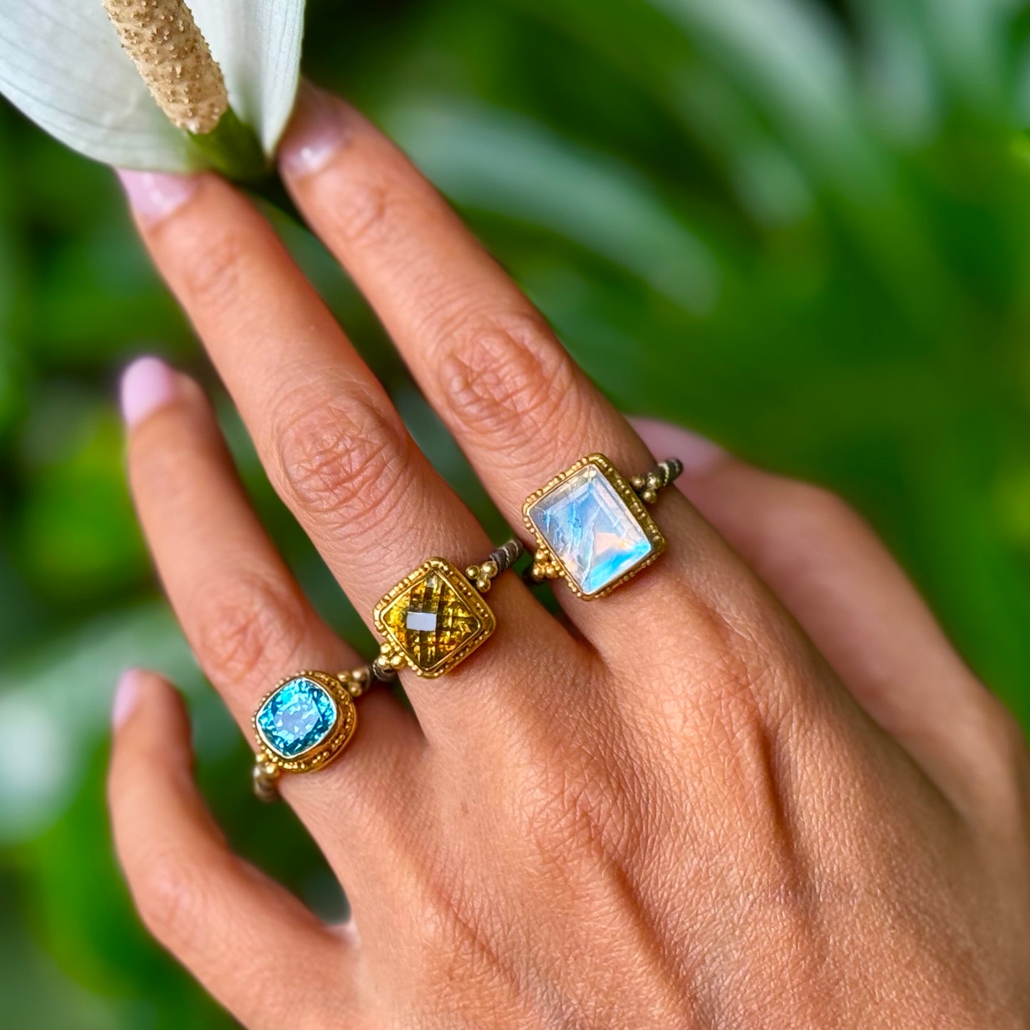 "Oslo Sparkler" Ring (Rainbow Moonstone, 22k Gold, Oxidized Sterling Silver)