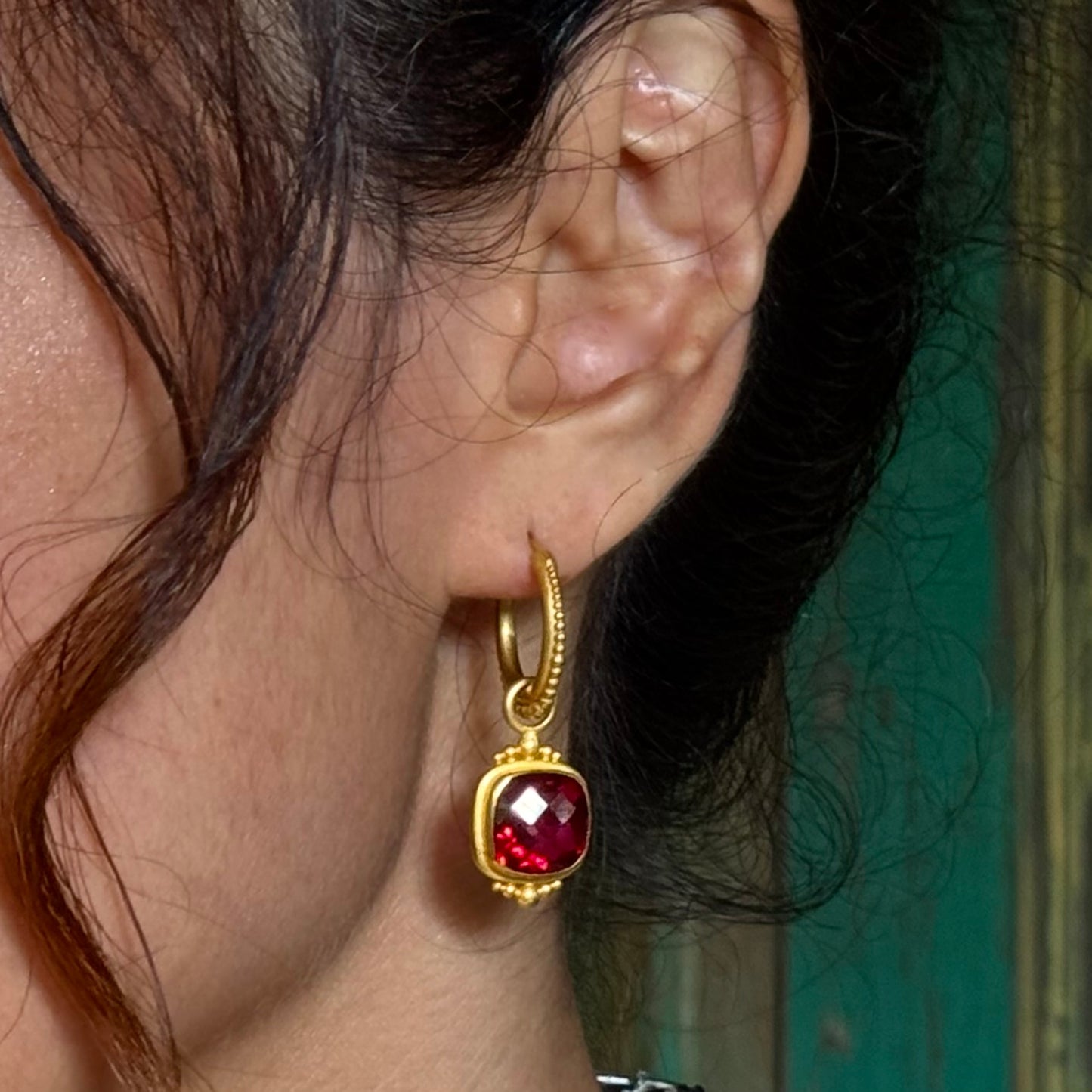 "Charm" Drops for Hoop Earrings (Red "Mystic" Topaz, 22k Gold)