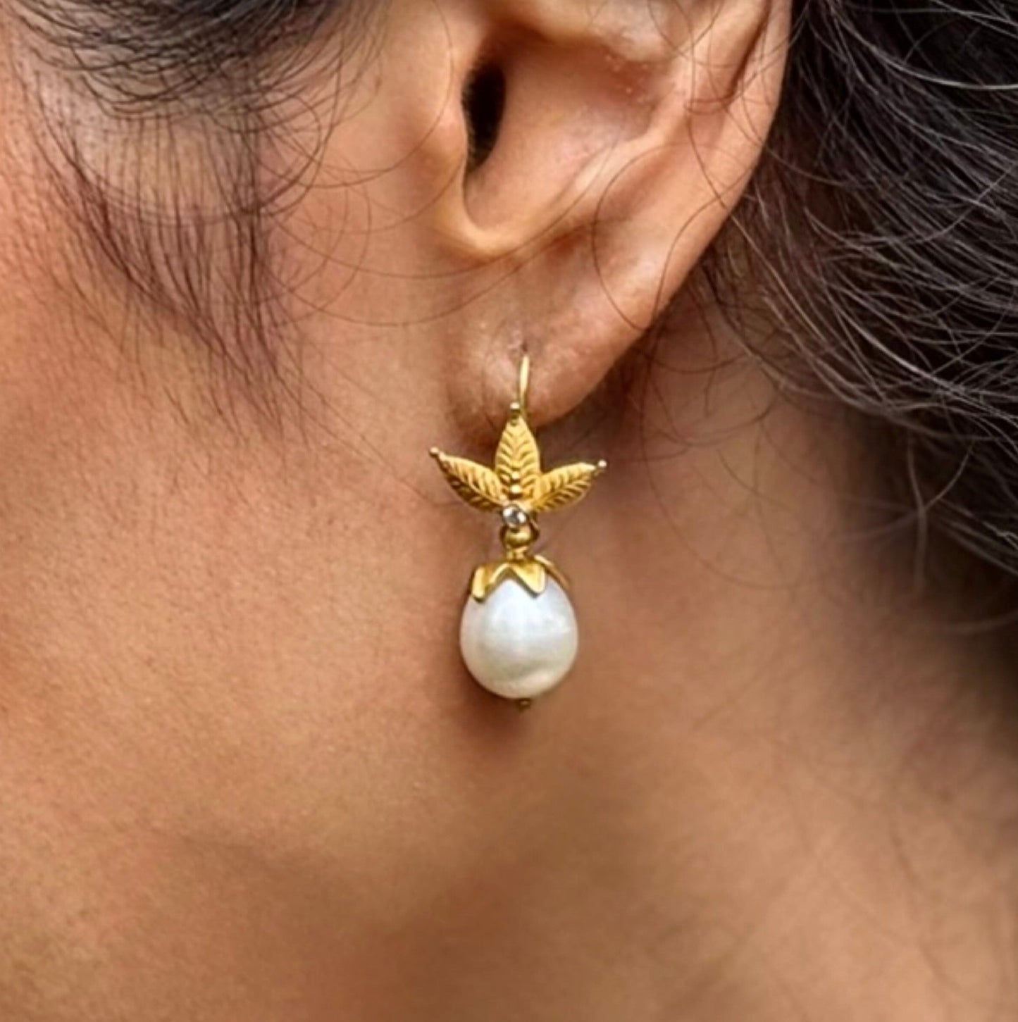 "Honey Flower Pearl Drops" Hook Earrings (Pearl, Diamond, 22k, 18k Gold)