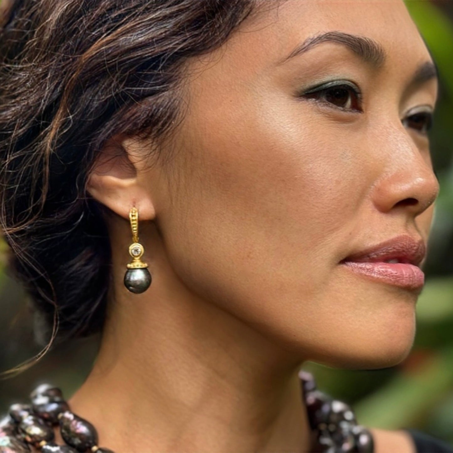 "Katie" Drops for Hook Earrings (Peacock Tahitian Pearls, White Zircon, 22k Gold)