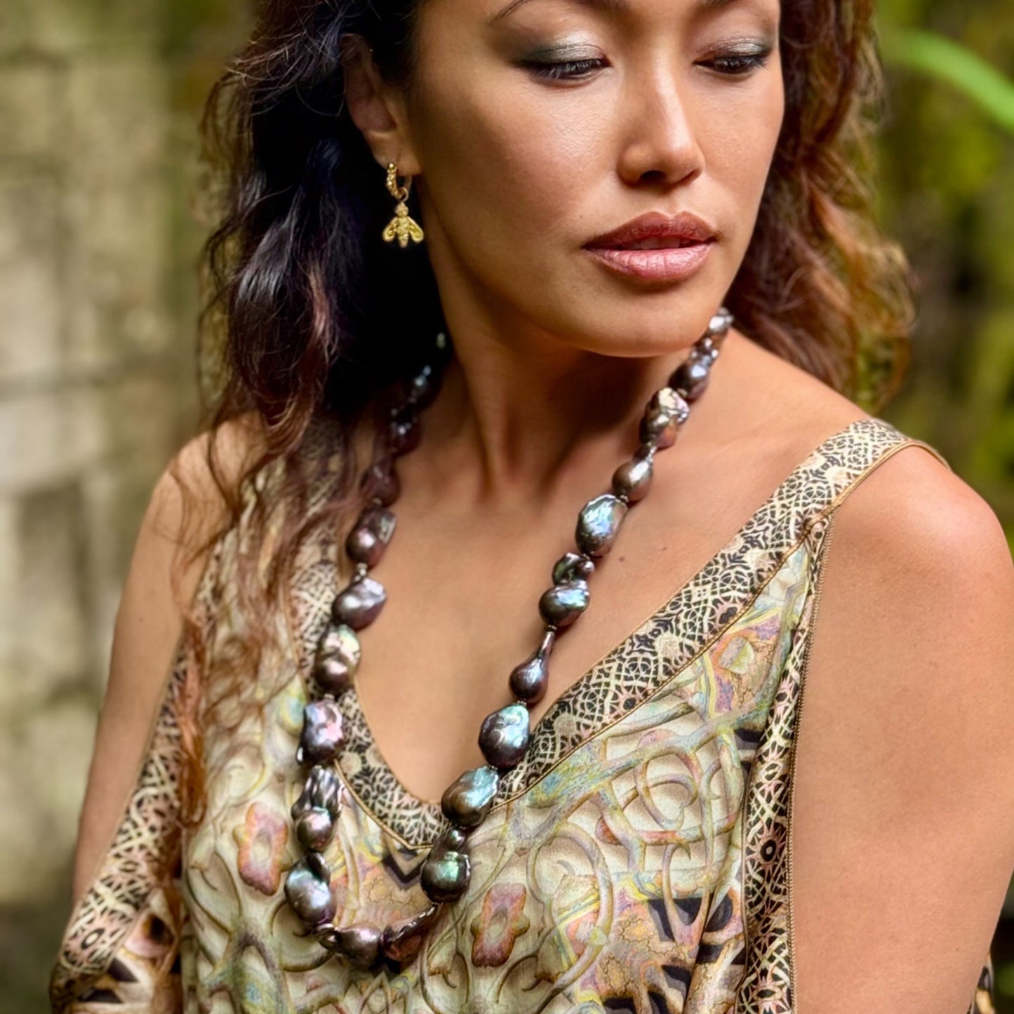 "Lola Baroque" Necklace (Bronze/Peacock Freshwater Pearl, 18k Gold)