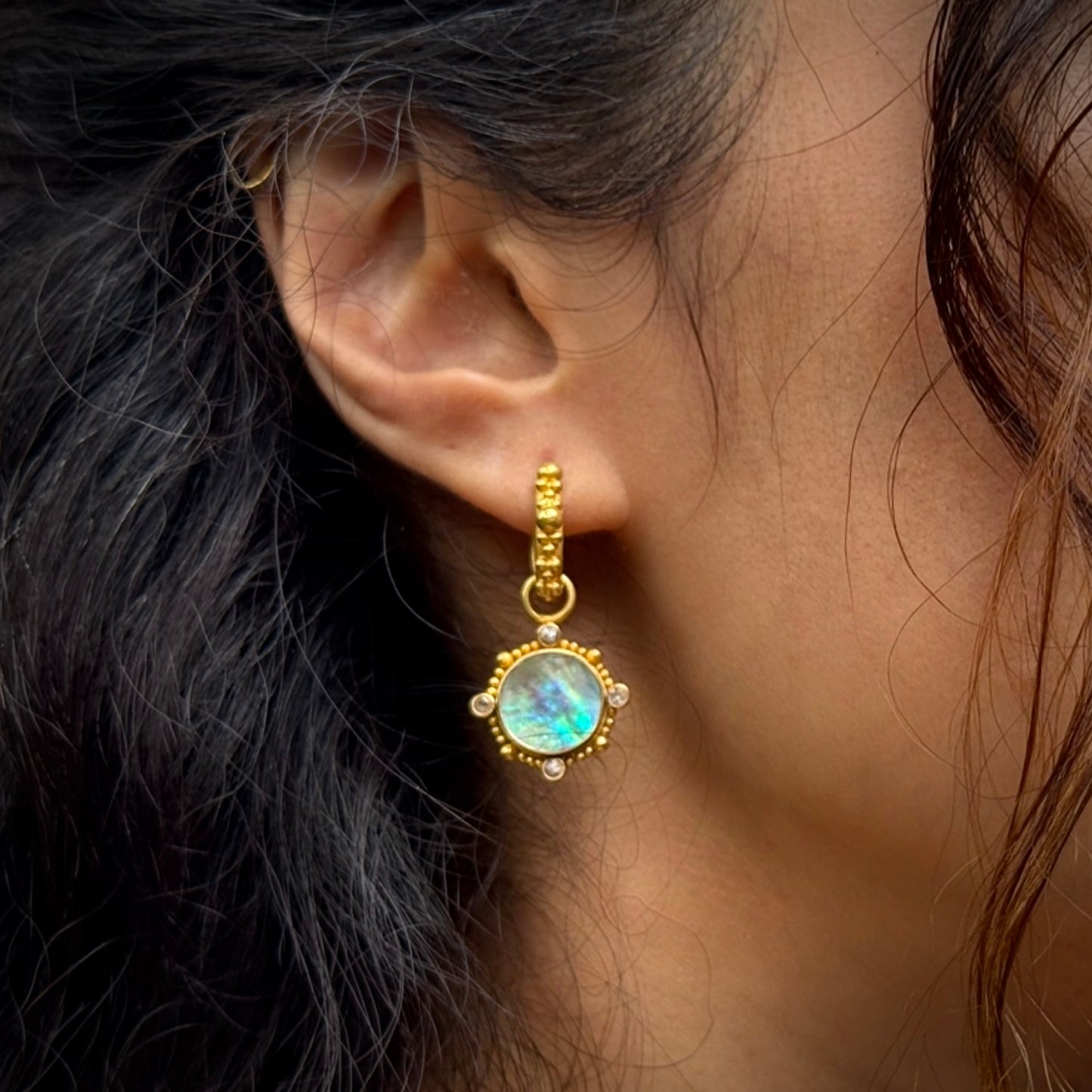 "Sardinia" Drops for Hoop Earrings (Abalone Shell, White Sapphire, 22k Gold)