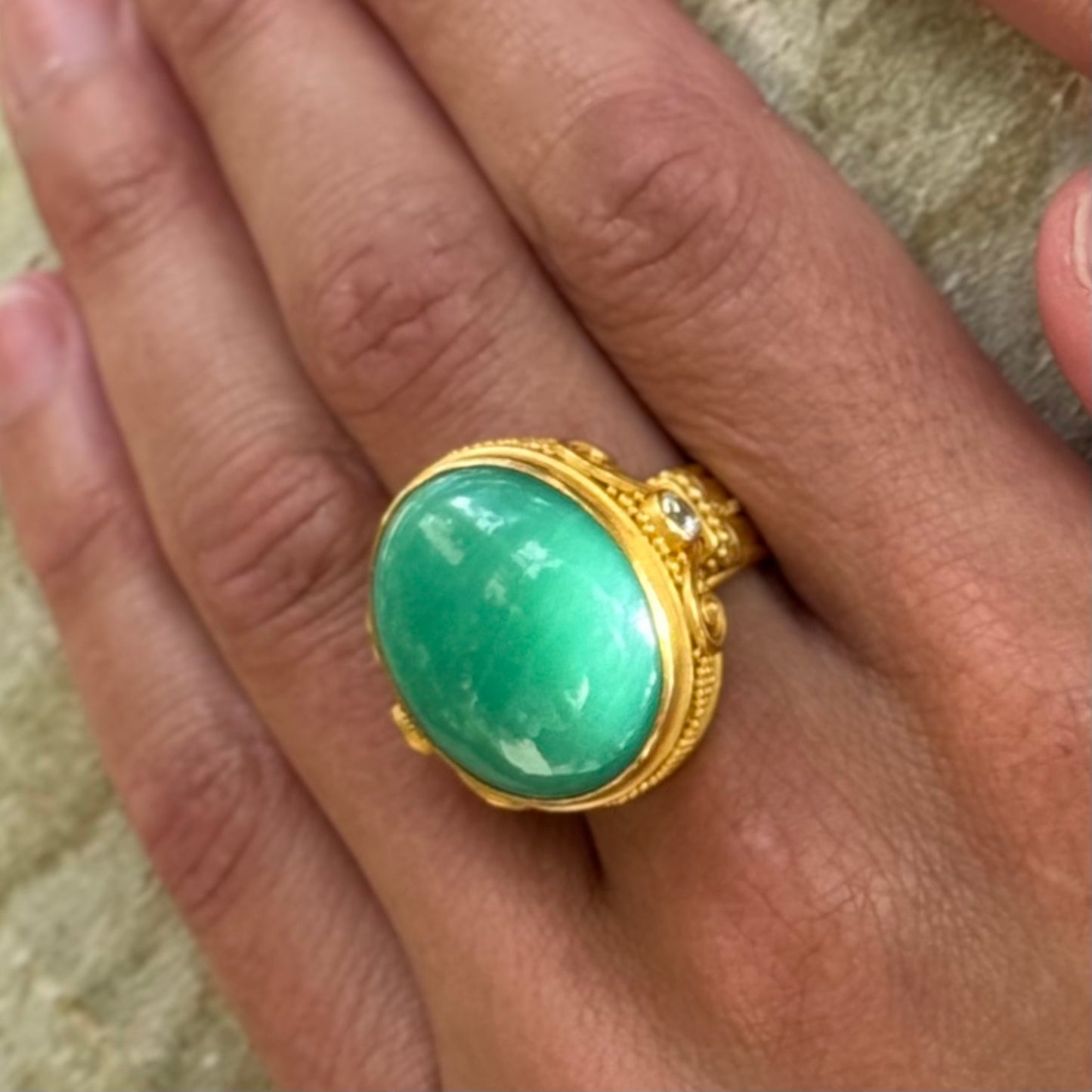 "Fleur De Lys" Ring (Chrysoprase and White Zircon, 22k Gold)