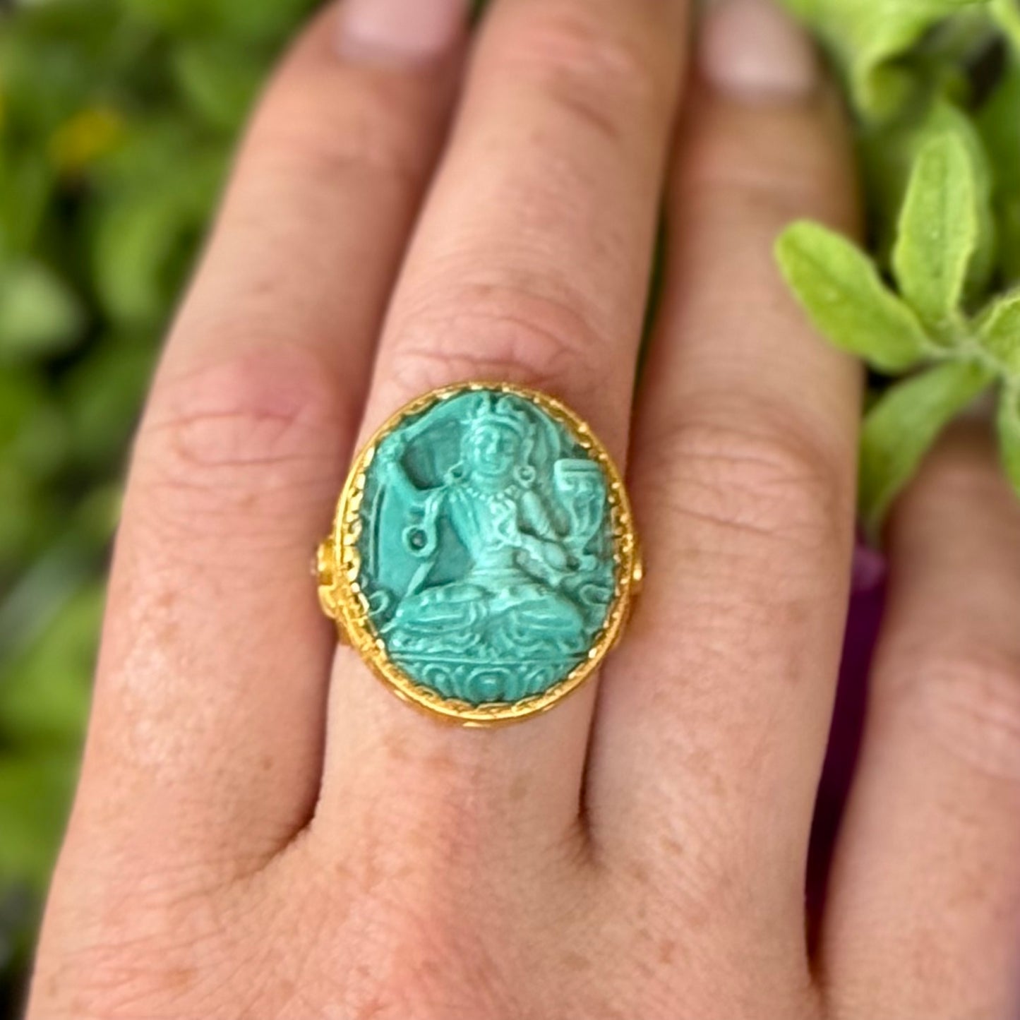"Corinthia Goddess" Ring (Carved Turquoise, Diamond, 22k Gold)