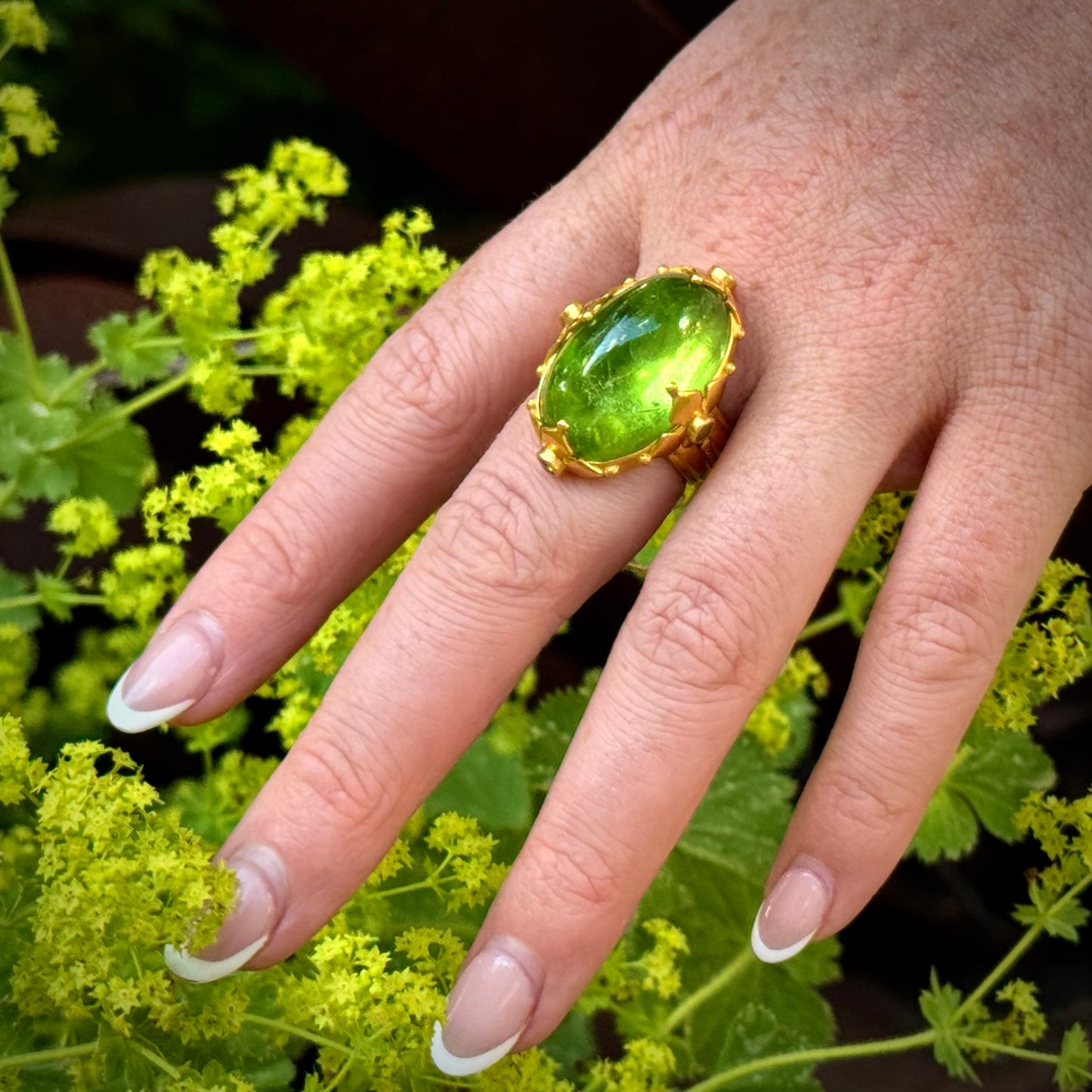 "Maltese" Ring (Peridot, Green Garnet, 22k Gold)
